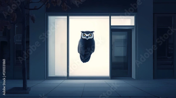 Fototapeta Light box on the store with opened automatic glass doors entrance mockup. Nocturnal - Owl. Illustration