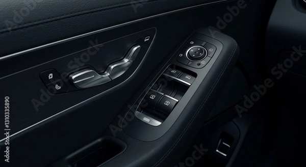 Fototapeta Car door panel controls, interior detail, close-up view