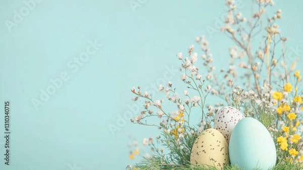 Obraz Easter Eggs with Spring Flowers on Pastel Background