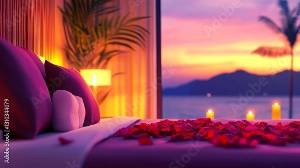 Fototapeta Romantic bedroom setting with rose petal, candles, and sunset view over the ocean
