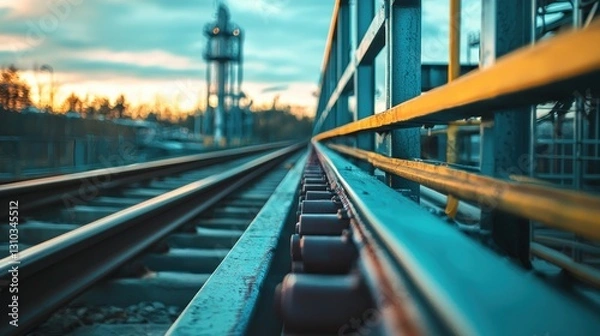 Fototapeta Industrial railway tracks at sunset.