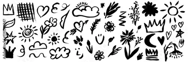 Obraz Grunge ink brush strokes elements. Black paint brush, stroke, line, grunge. freehand drawing doodle. artistic dirty. Black grunge brush stroke ink template collection. Vector black paint