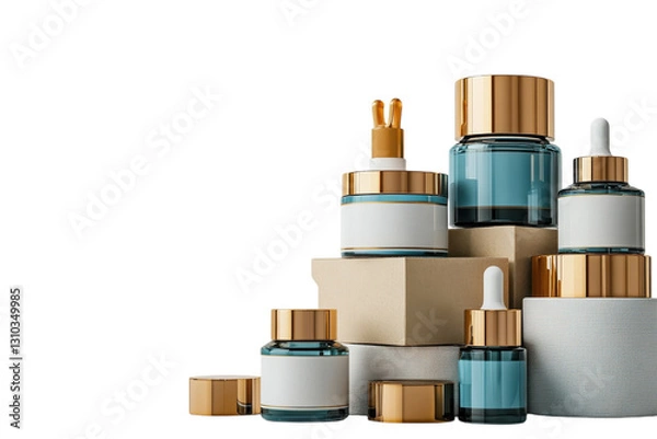 Obraz Collection of skincare products displayed creatively on a neutral background with elegant packaging and clean lines