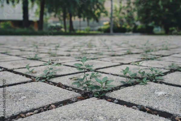 Fototapeta Weeds growing through cracks in a paved walkway in an urban park during daylight hours