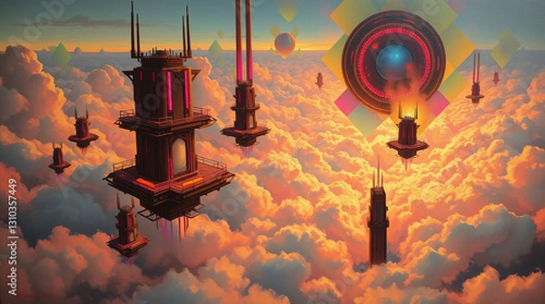 Fototapeta Futuristic Floating City Above the Clouds – Neon Lights and Abstract Geometric Elements in Classic Oil Painting Style