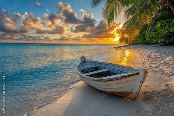 Fototapeta Tranquil sunset over a deserted beach with a weathered boat resting on the shore, palm trees swaying
