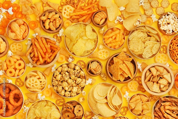 Fototapeta Colorful mix of salty snacks for beer varieties: chips and pretzels, onion rings and crackers. Non-healthy junk food background