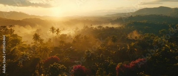 Fototapeta Serene sunrise over a misty tropical landscape with lush greenery and vibrant flowers in the foreground