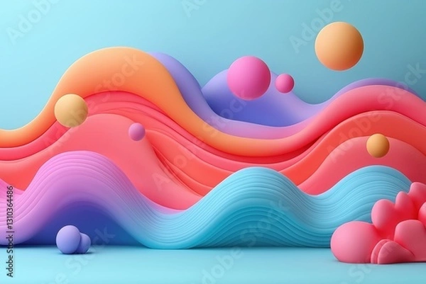 Obraz Close-up Abstract 3D Colorful Waves and Spheres. Pastel tones. Modern Concept. Background. Texture. Futuristic. Illustration. Art. Graphic Design.