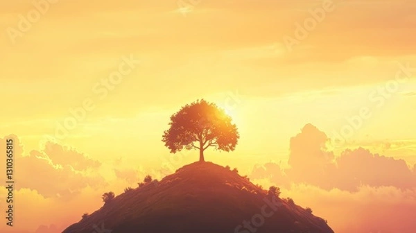 Fototapeta Solitary tree atop hill at sunset.