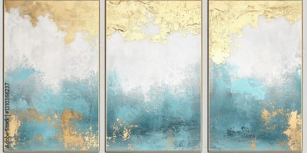Fototapeta Abstract Triptych Teal, Gold, and White Canvas Wall Art.