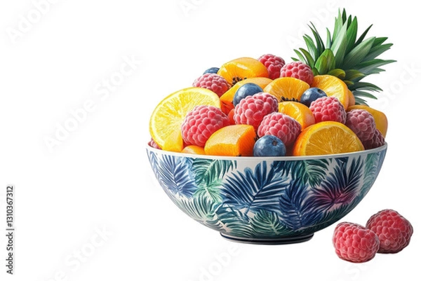 Fototapeta Vibrant fruit bowl filled with fresh tropical fruits displayed on a white surface