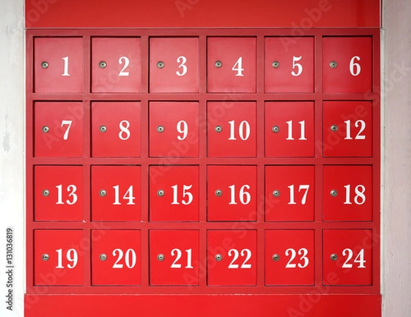 Fototapeta 24 red post boxes with locks advent calendar