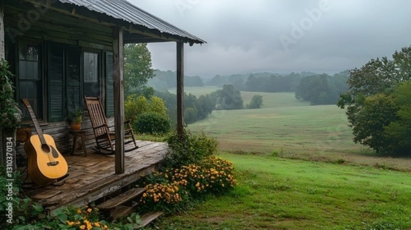 Obraz Misty Morning on a Rustic Porch with Guitar