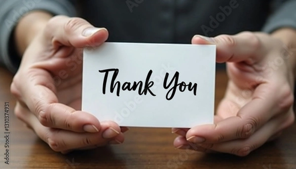 Fototapeta Person holding thank you card with smiling expression