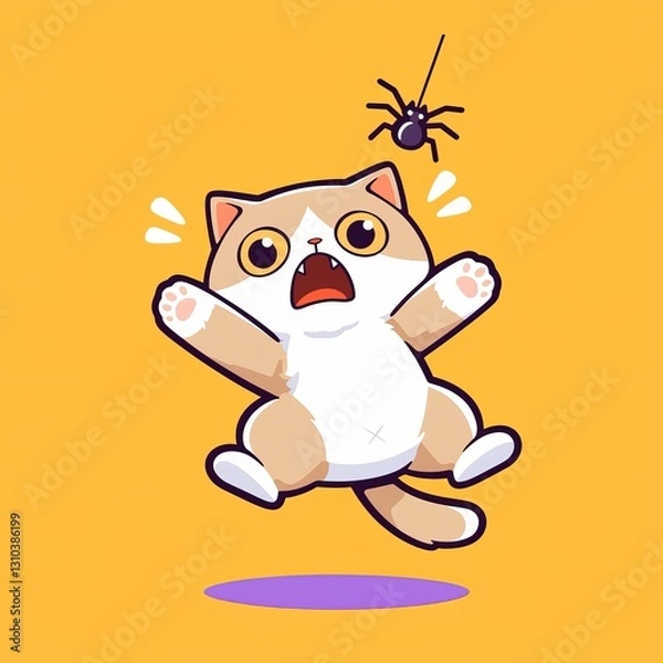 Fototapeta Scared Cat, Spider, Yellow Background