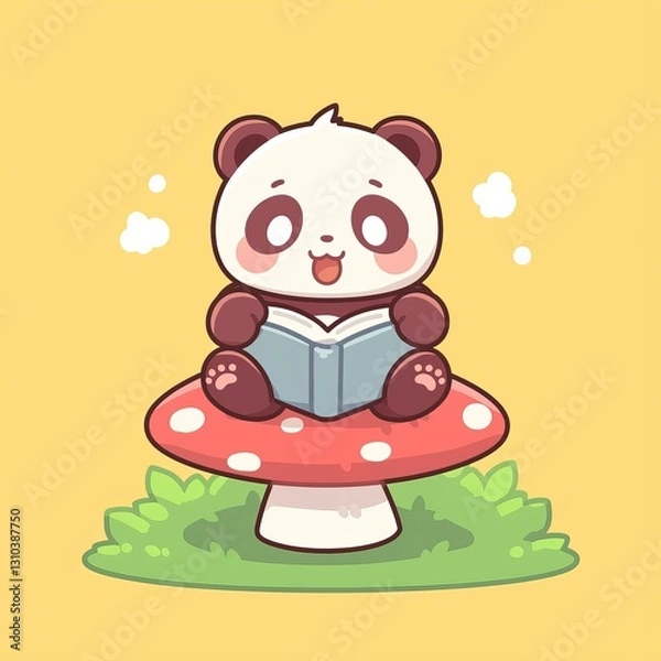 Obraz Panda Reading on Mushroom