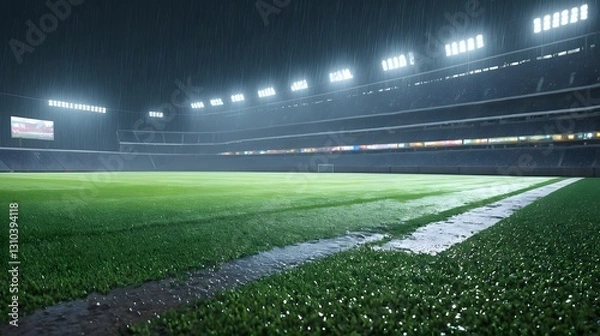Fototapeta Abstract view of stadium lights reflecting on a wet field after rain