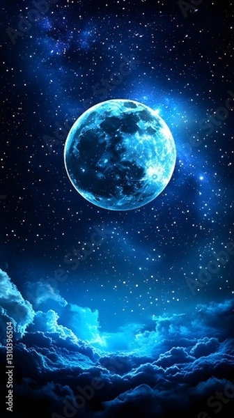 Fototapeta Majestic full moon illuminating the dreamy night sky with a glowing presence and soft twinkling stars above