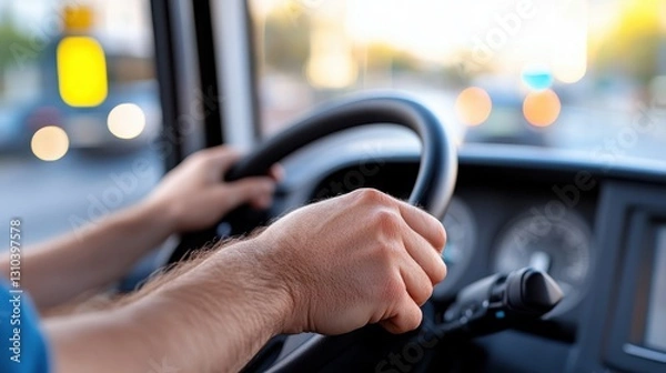 Obraz Driver engaged in steering a modern passenger bus on a city road