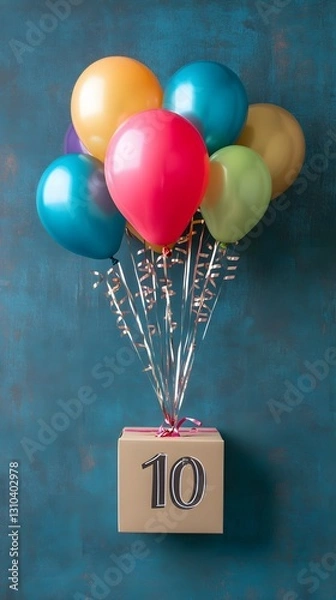 Fototapeta Colorful balloons soar above a festive box, celebrating a special milestone in a vibrant setting