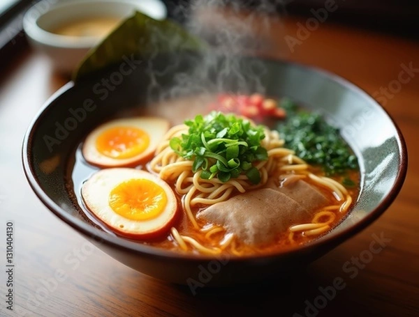 Fototapeta Steaming bowl of ramen with eggs, meat and spring onions