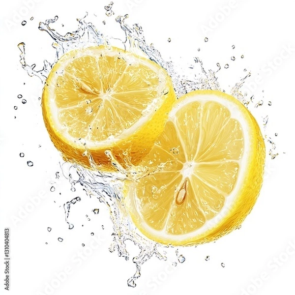 Fototapeta Fresh and vibrant image of sliced lemons splashing into clear water creating refreshing droplets : Generative AI