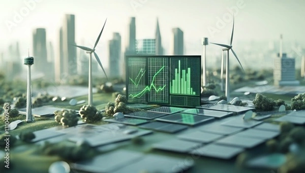 Obraz Sustainable city, financial graphs, renewable energy