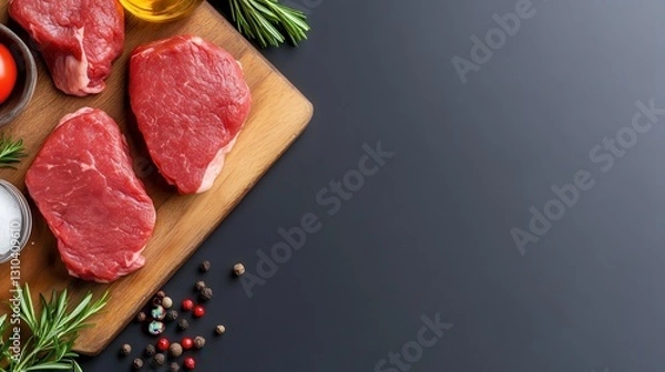 Obraz Culinary delight meets raw elegance with fresh beef tenderloin and herbs