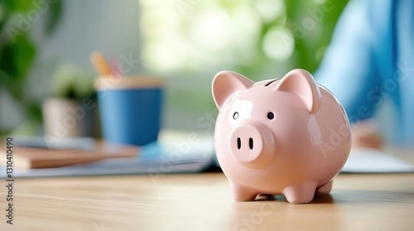 Obraz Bright pink piggy bank sits on table ready for summer vacation savings
