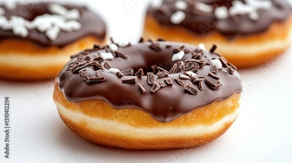 Obraz Delicious chocolate glazed donut with sprinkles on a bright background