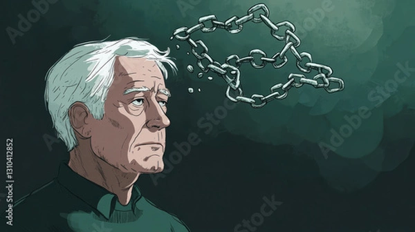 Obraz Illustration of an elderly man with white hair and a broken chain from his mind