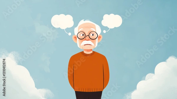 Obraz Minimalistic cartoon illustration of an elderly man with two thought bubbles