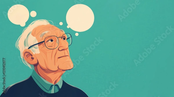 Obraz Illustration of an elderly man with glasses looking up at thought bubbles