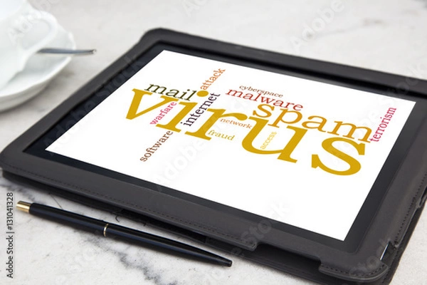 Fototapeta tablet with computer virus word cloud