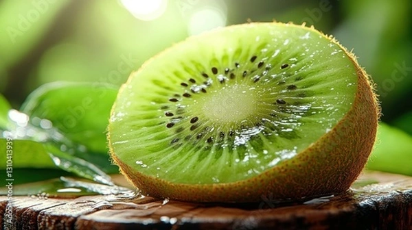 Fototapeta Fresh and Juicy Kiwi Sliced on a Wooden Board Surrounded by Green Leaves and Water Drops