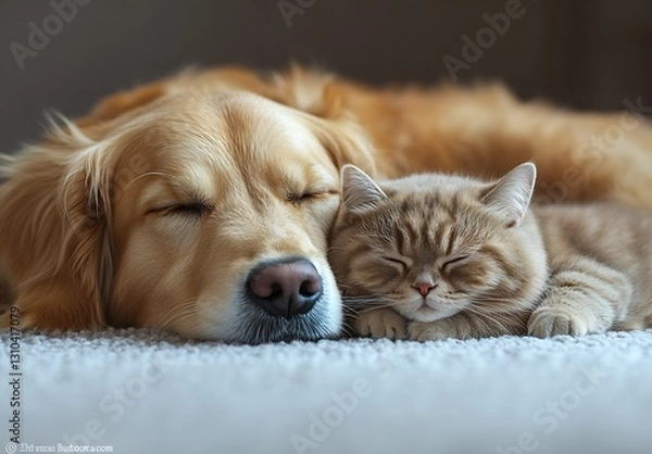 Fototapeta Sleepy golden retriever and cute ginger cat snuggling together on a soft carpet in a cozy setting : Generative AI