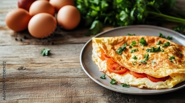 Obraz Satisfying vegetarian omelet with tomato and cheese on rustic wooden table