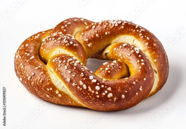 Fototapeta Freshly baked pretzel adorned with coarse salt presented against a clean white backdrop highlighting its deliciousness : Generative AI