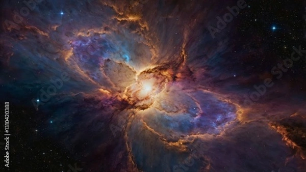 Fototapeta A breathtaking, vibrant depiction of the cosmos, set against a deep, inky black background, with swirling clouds of iridescent gas and stardust illuminated by a kaleidoscope of colors, from fiery oran