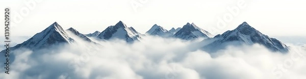 Fototapeta Majestic mountain range emerging through fluffy white clouds in a stunning panoramic view : Generative AI