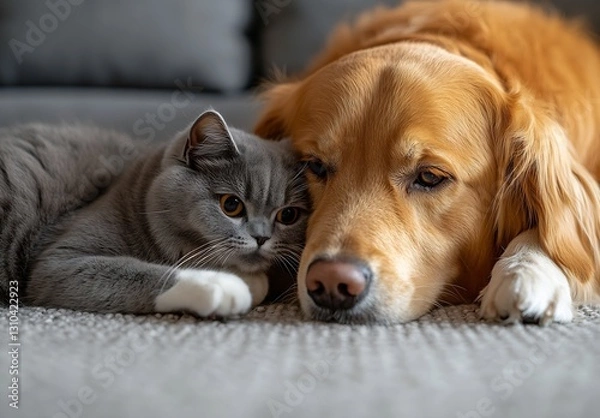 Fototapeta Playful grey cat snuggles with a golden retriever in a cozy living room environment : Generative AI