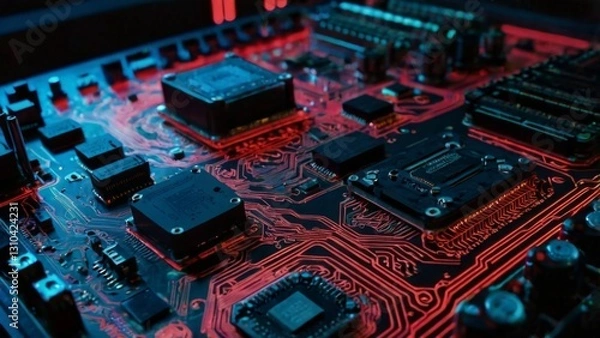 Fototapeta "Futuristic cyberpunk-themed digital artwork featuring a dark motherboard or circuit board layout. The intricate electronic components such as capacitors, microchips, and circuits are illuminated by g