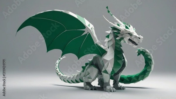 Fototapeta 2D character: a dragon made of simple shapes (circles, triangles). Its wings are semicircles, and its tail is a spiral. It holds a tablet. Colors: white, gray, and accent green. Background: pure white