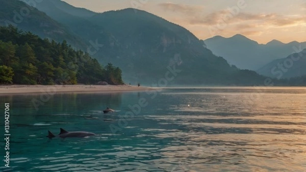 Fototapeta A breathtaking anime-style scene of A serene mountain landscape at dawn, with mist floating low over a calm lake surrounded by tall pine trees. The sun's first light gently illuminates the mist, creat