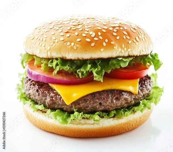 Fototapeta Classic juicy hamburger with fresh vegetables and cheese on a sesame seed bun : Generative AI