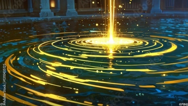 Fototapeta A magical glow shimmers beneath the surface of the sacred river. Tiny golden particles swirl as if a hidden energy is present. The water ripples slightly, reflecting the moonlight and temple lights. T