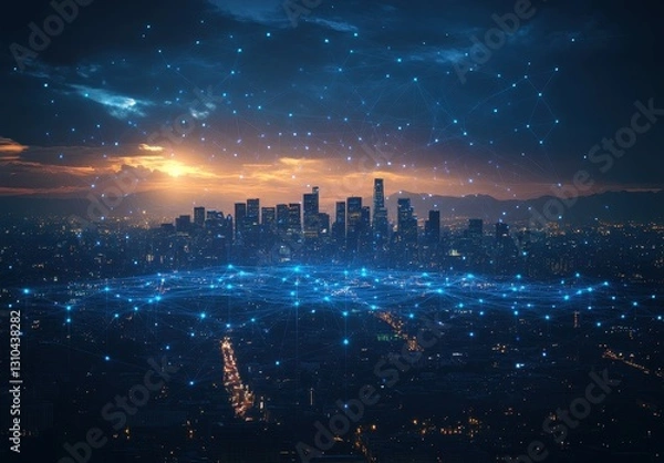 Obraz Digital Network Connection Over Urban Skyline at Sunset with City Lights and Cloudy Sky Enhancing Futuristic Technology Concept