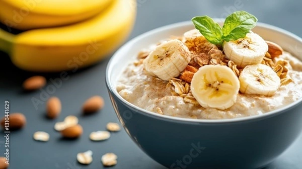 Fototapeta Delicious oatmeal topped with fresh banana slices and a sprinkle of cinnamon