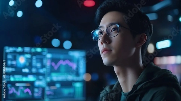 Fototapeta Focused Programmer, Night Office, Data Screen
